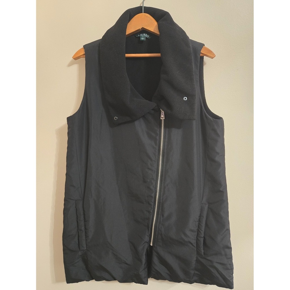 Lauren Ralph Lauren Womens M Black Long Vest Asymmetrical Zip Lightweight